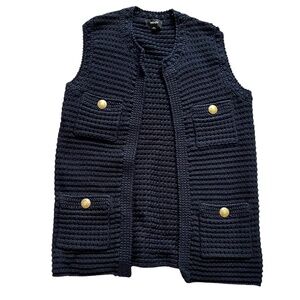 ME+EM Hand-Crocheted Trim Longline Vest Navy Cotton/Cashmere Sz XS